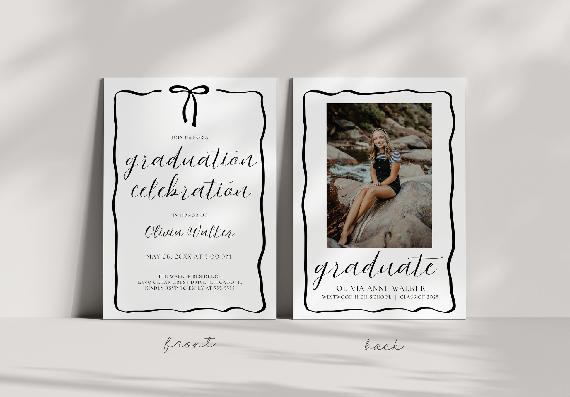 grad party card ideas Trendy Black Bow Graduation Party Invite, Canva Template – Party Paper Co