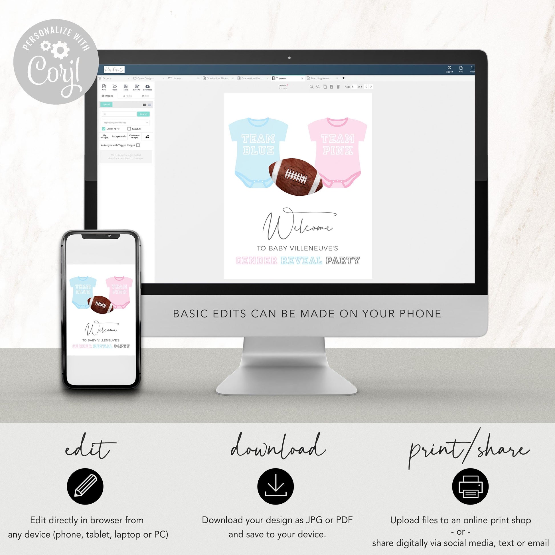 Bow and Football Gender Reveal Welcome Sign - Gender Reveal Party - Team Blue vs Team Pink - Digital Printable - EDITABLE Template - DIY