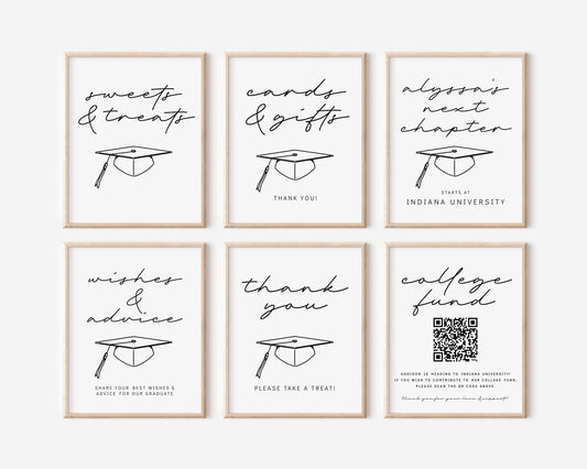 graduation party sign set.  minimalist design black and white with hand drawn sketch graphic of a graduation cap.  Signs include: Sweets & Treats, Cards & Gifts, Next Chapter, Wishes & Advice, Thank You and College Fund QR Code