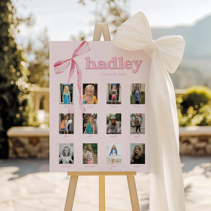 pink bow sign on easel for graduation party featuring photos of grades first through senior year.  pale pink background with watercolor pink coquette bow on upper left.