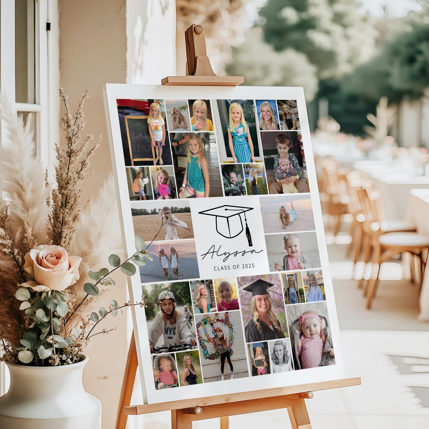 Editable Canva graduation photo collage board with baby to senior year photos, personalized with graduate name and Class of 2025, displayed on easel with gold and neutral balloons in elegant party setting."