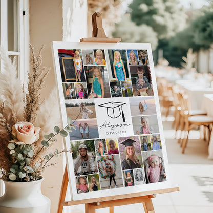 Editable Canva graduation photo collage board with baby to senior year photos, personalized with graduate name and Class of 2025, displayed on easel with gold and neutral balloons in elegant party setting."
