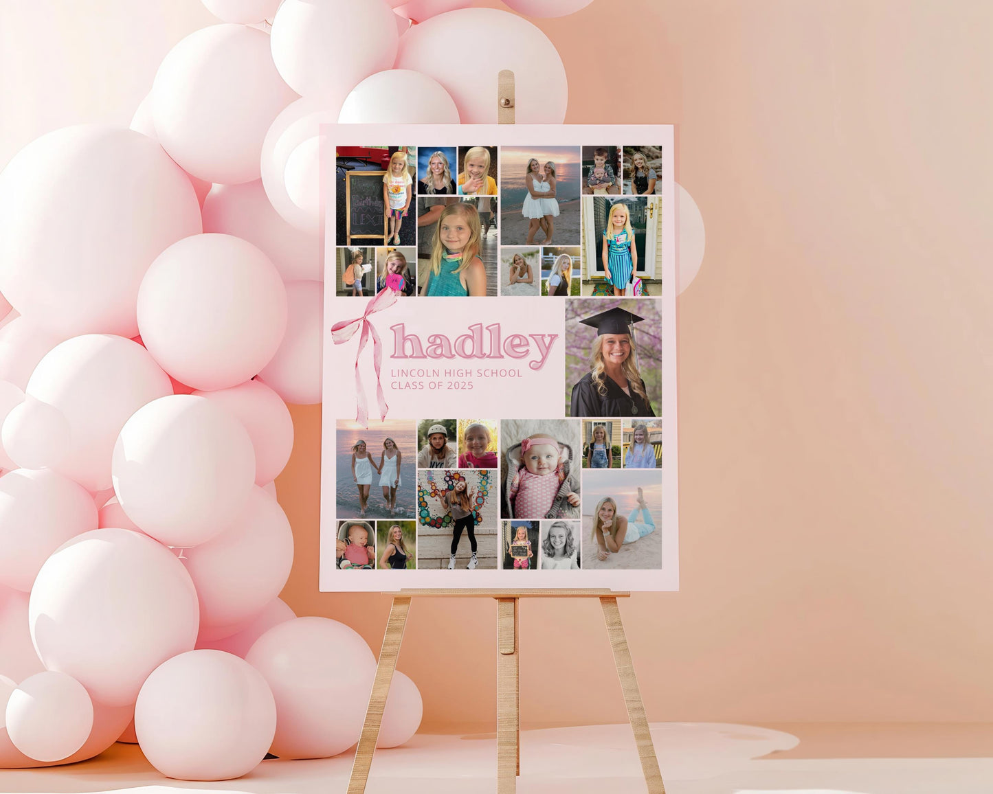 photo collage for graduation party on easel.  pink coquette bow graphic with 25 photos in various sizes, pink background.