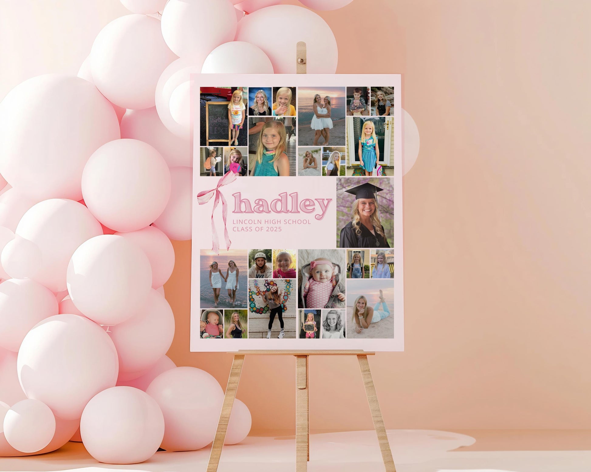 photo collage for graduation party on easel.  pink coquette bow graphic with 25 photos in various sizes, pink background.