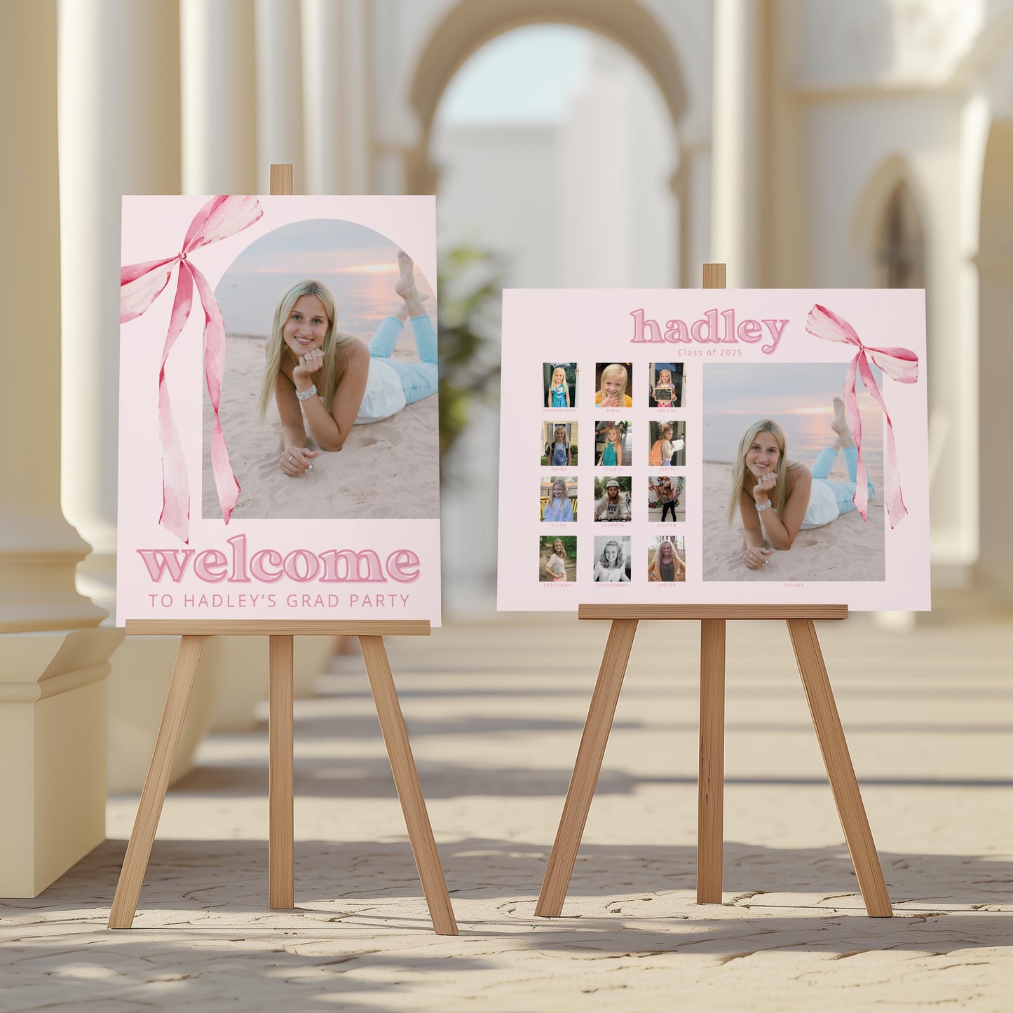 Pink Bow Photo Board for Graduation Party, K-12 School Picture Display Sign, Senior Night Memory Board, Aesthetic Decor, CANVA Template