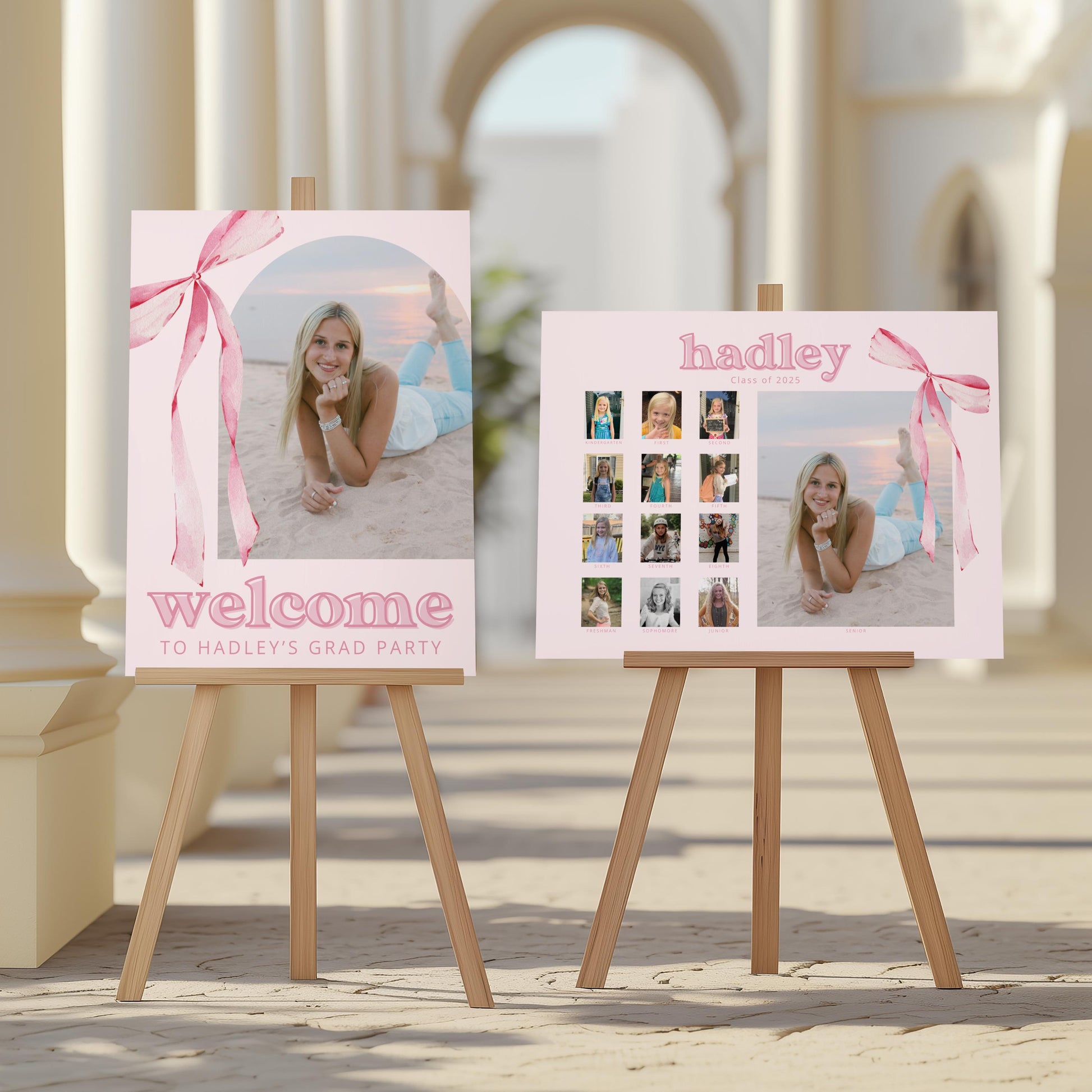Pink Bow Photo Board for Graduation Party, K-12 School Picture Display Sign, Senior Night Memory Board, Aesthetic Decor, CANVA Template