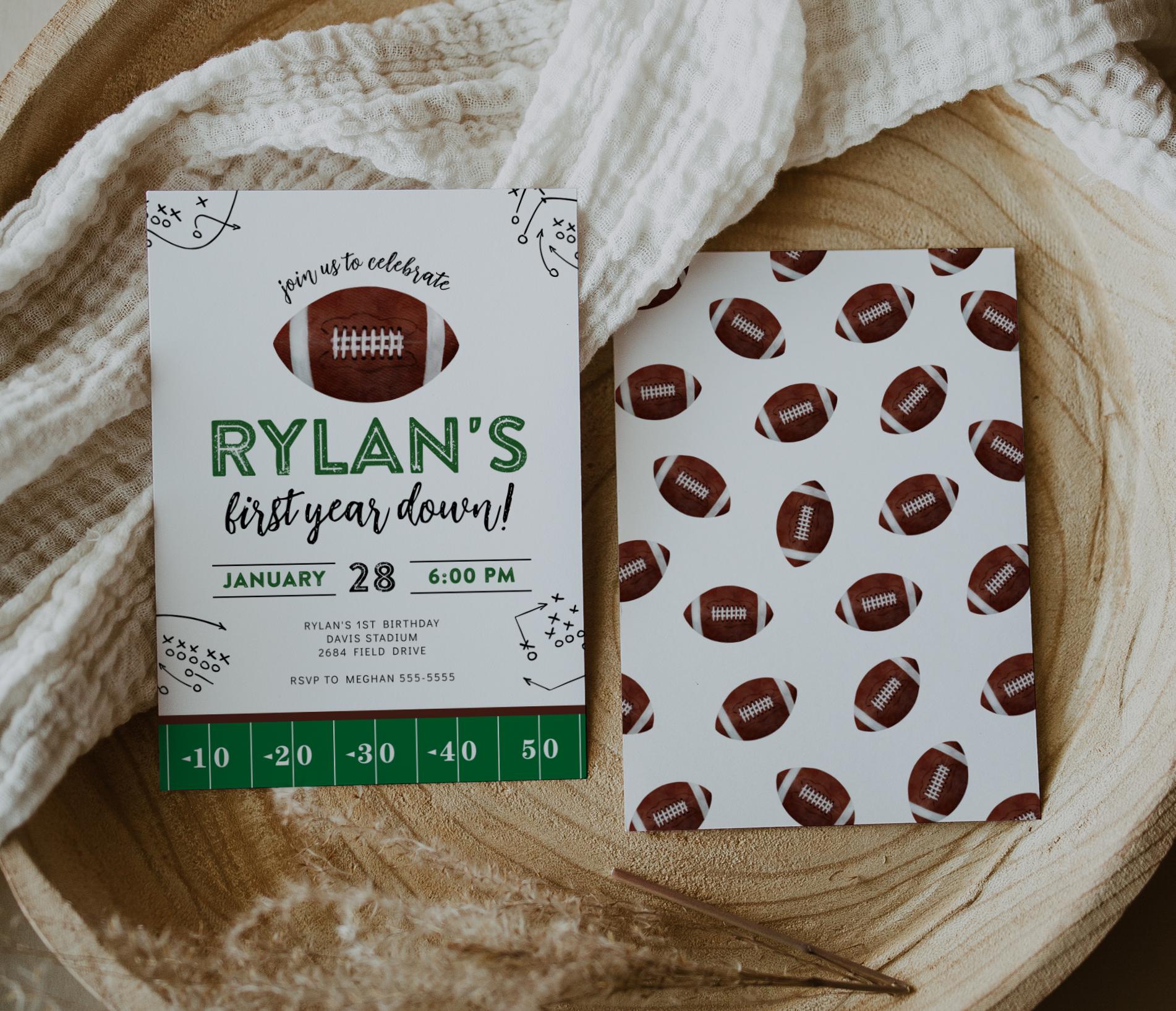 First Year Down Birthday Party Invite - 1st Birthday Invitation, Football Digital Invite, Boy First Birthday Party, Editable Corjl Template