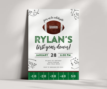 First Year Down Birthday Party Invite - 1st Birthday Invitation, Football Digital Invite, Boy First Birthday Party, Editable Corjl Template