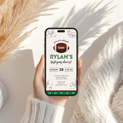 First Year Down Birthday Party Invite - 1st Birthday Invitation, Football Digital Invite, Boy First Birthday Party, Editable Corjl Template