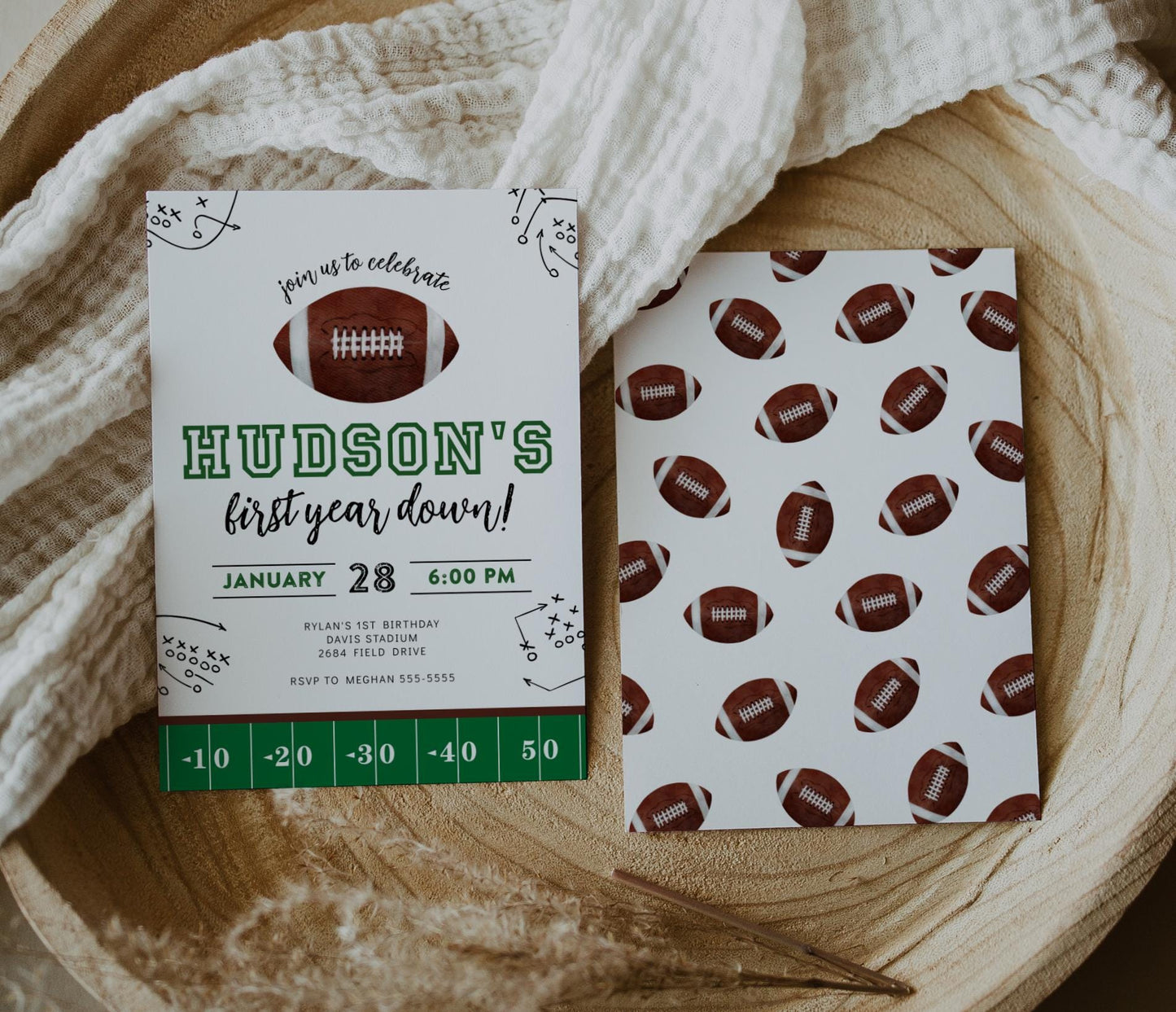 First Year Down Birthday Party Invite - 1st Birthday Invitation, Football Digital Invite, Boy Sports Birthday Party, Editable Corjl Template