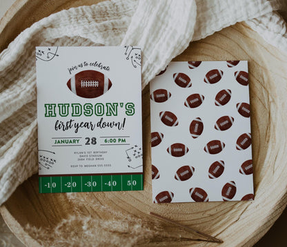 First Year Down Birthday Party Invite - 1st Birthday Invitation, Football Digital Invite, Boy Sports Birthday Party, Editable Corjl Template