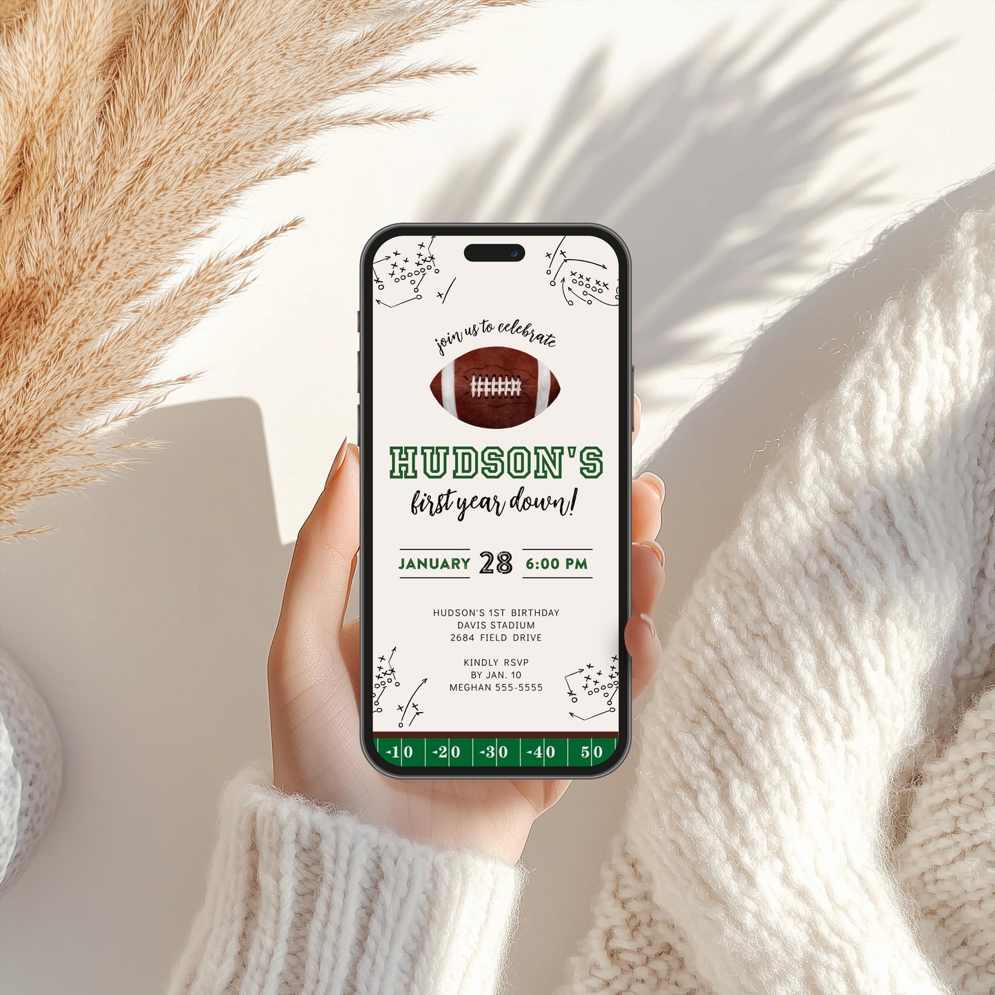 First Year Down Birthday Party Invite - 1st Birthday Invitation, Football Digital Invite, Boy Sports Birthday Party, Editable Corjl Template