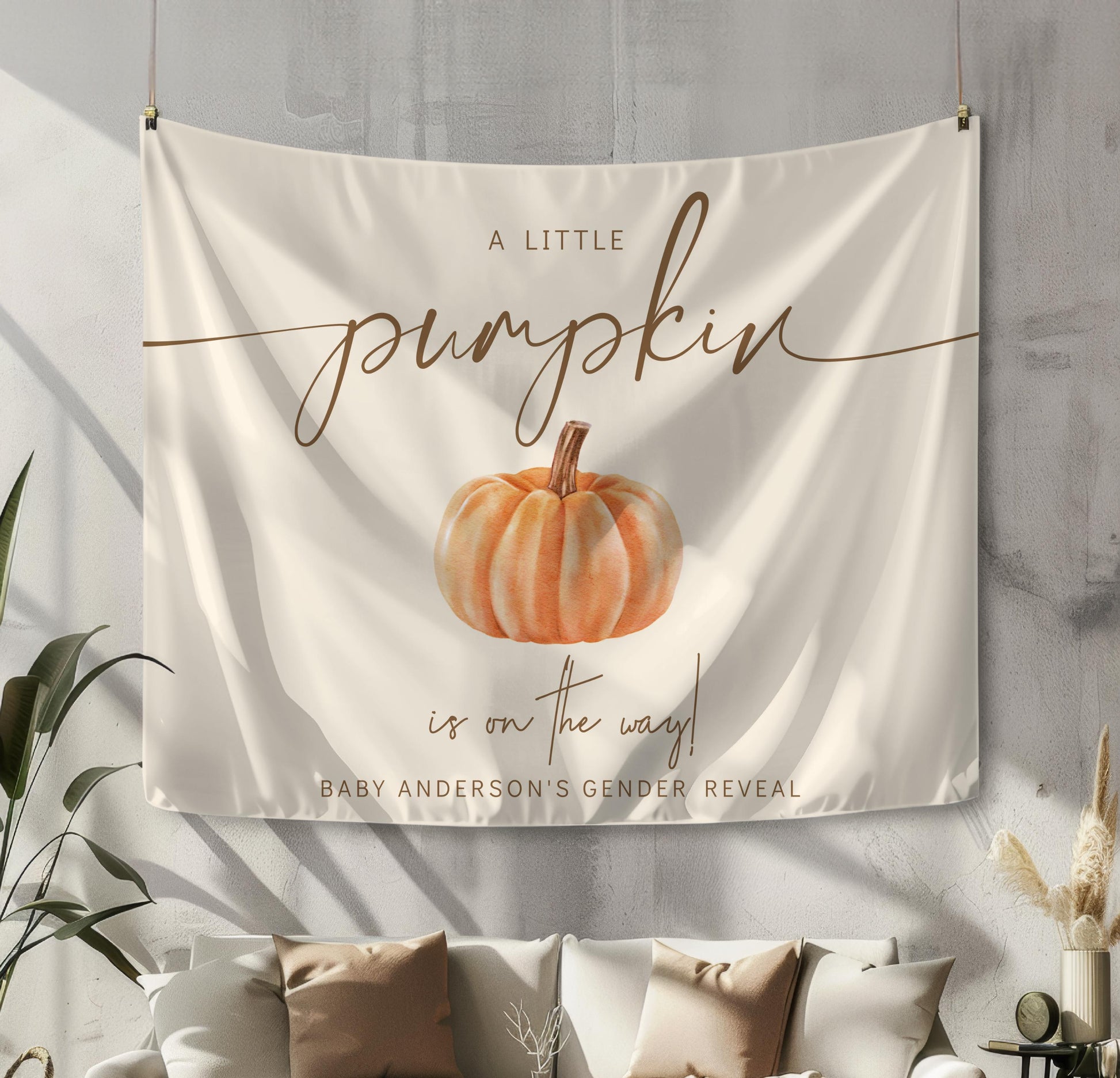 Pumpkin Gender Reveal Backdrop, Fall Baby Shower Banner, Little Pumpkin on the Way, Minimalist Neutral on the Way Backdrop, FREE US Shipping