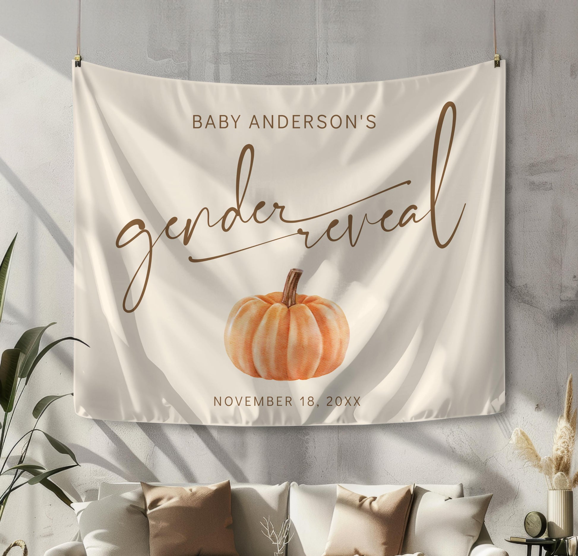 Pumpkin Gender Reveal Backdrop, Fall Baby Shower Banner, Personalized Decor, Minimalist Neutral on the Way Backdrop, FREE US Shipping