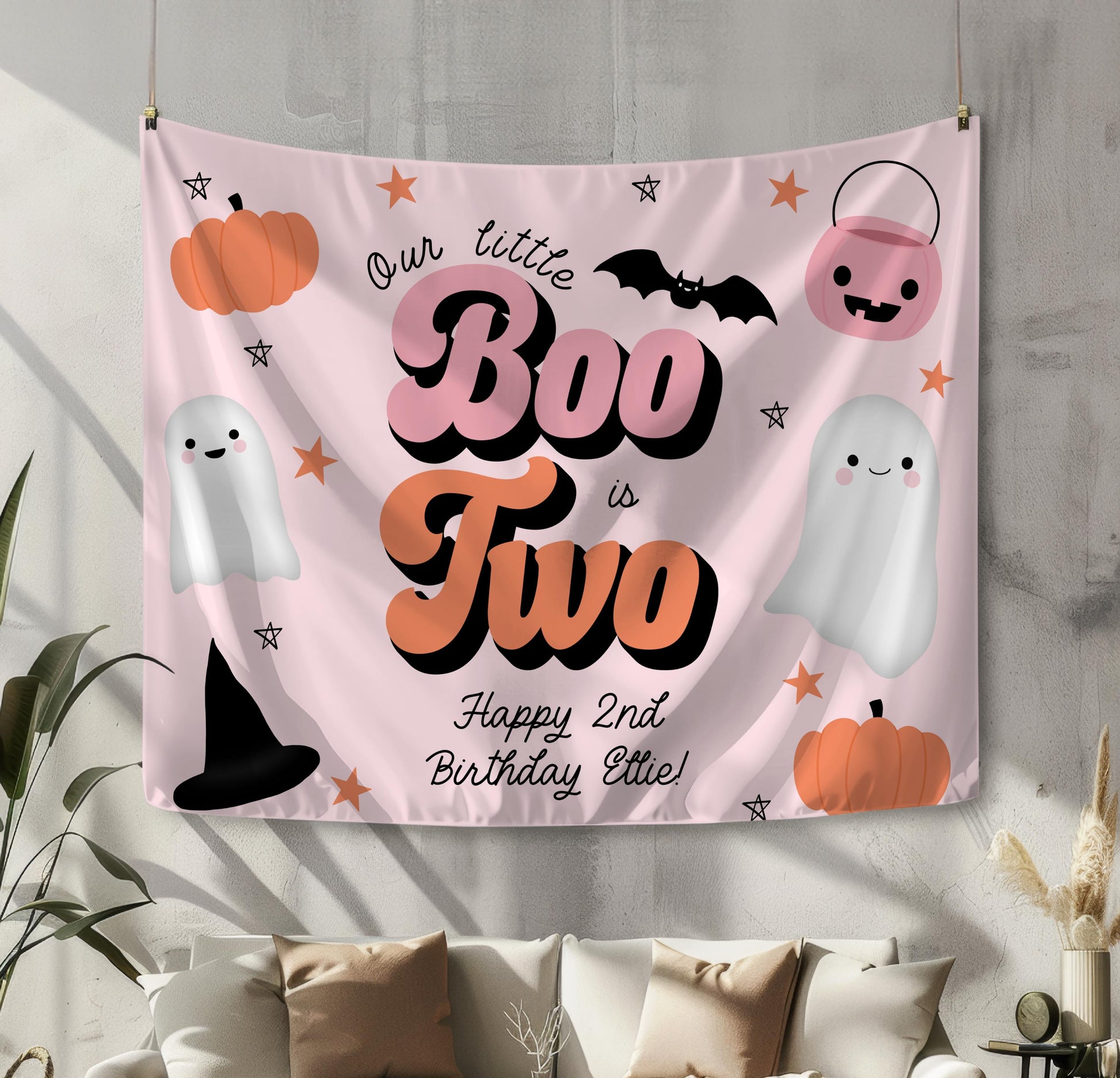 Pink Boo is Two Backdrop, Our Little Boo is Two, Girl Halloween Decor, 2nd Birthday Banner, Retro Ghost Second Birthday, FREE US Shipping