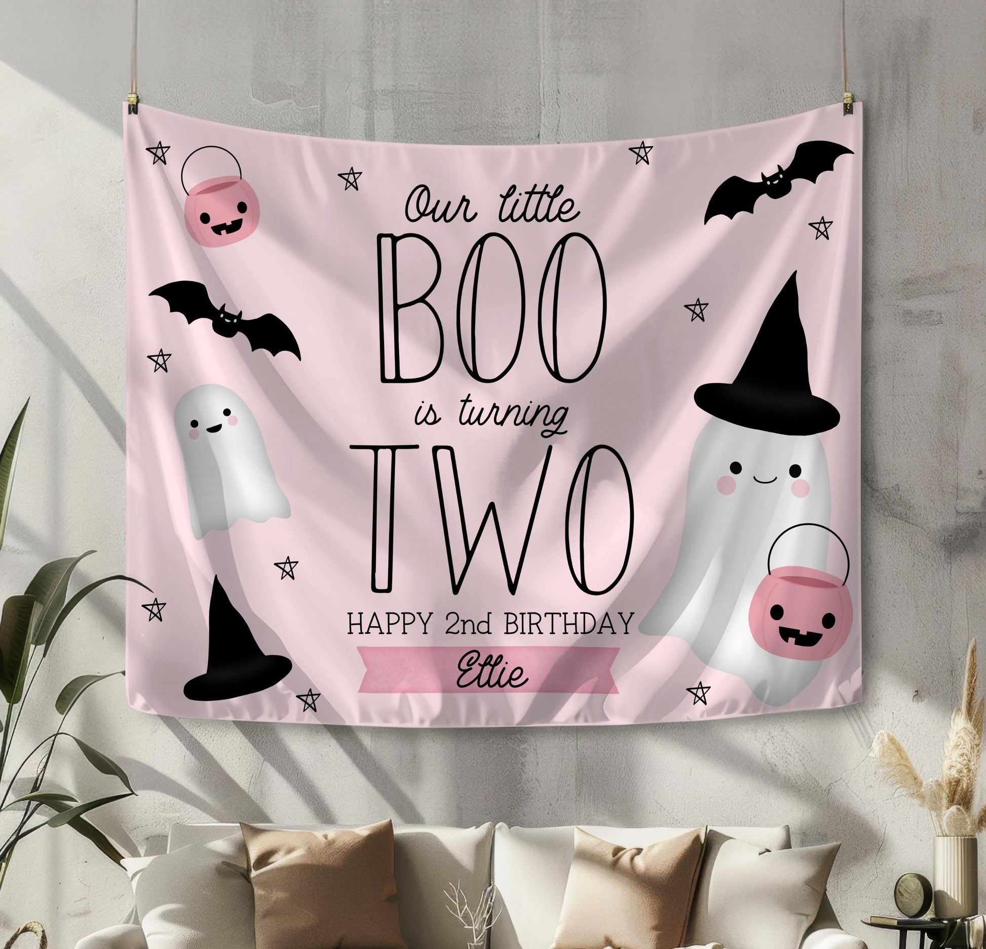 Our Little Boo is Two Backdrop, Pink and Black 2nd Birthday Banner, Girl Halloween Decor, Ghost Witch Second Birthday, FREE US Shipping