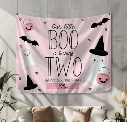 Our Little Boo is Two Backdrop, Pink and Black 2nd Birthday Banner, Girl Halloween Decor, Ghost Witch Second Birthday, FREE US Shipping