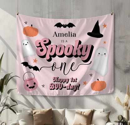 Girl Spooky One Backdrop, Happy 1st Boo Day Banner, Pink Halloween 1st Birthday Party Decor, Retro First Birthday Tapestry, FREE US Shipping