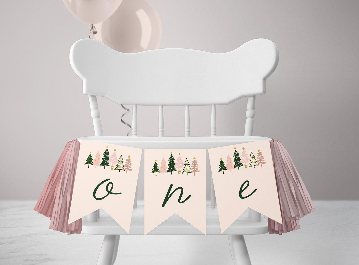 Girl Winter ONEderland BUNDLE - December 1st Birthday Party Decor Package, Invite, Signs, Time Capsule, Editable Pink Green Peach Gold Trees