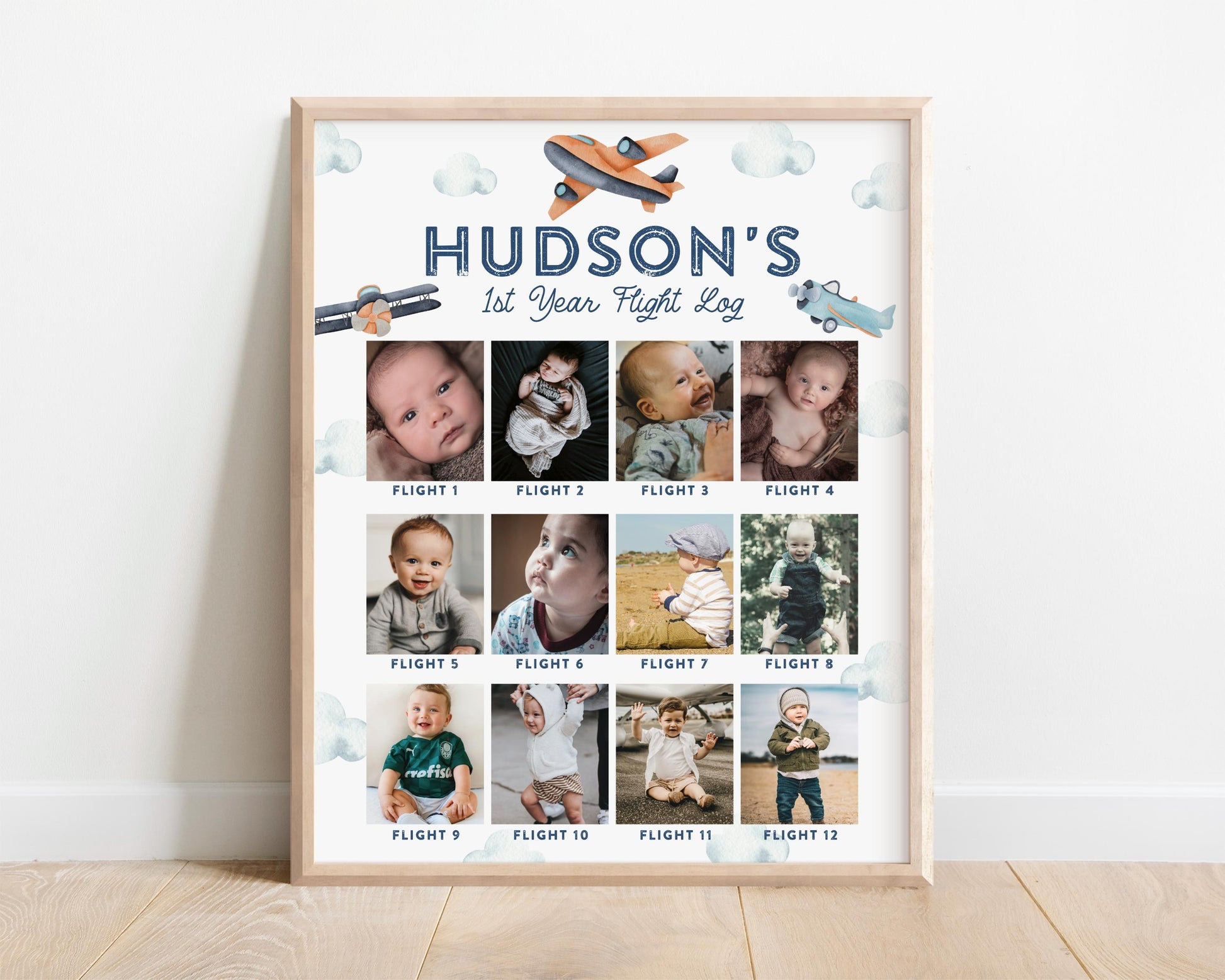 Airplane Photo Board, 12 Month Picture Display, 1st Year Flight Log, Vintage Plane Birthday Party, Two Fly Picture Collage, Time Flies