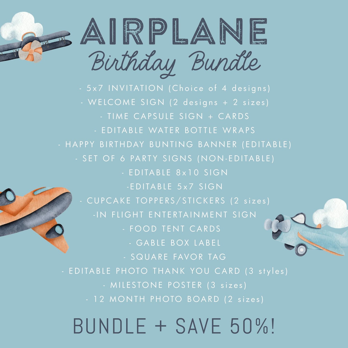 Airplane Birthday BUNDLE - Vintage Plane Birthday Party Decor Package, Time Flies, Two Fly, Signs, Time Capsule, Favors, Printable Editable