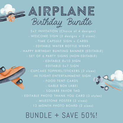 Airplane Birthday BUNDLE - Vintage Plane Birthday Party Decor Package, Time Flies, Two Fly, Signs, Time Capsule, Favors, Printable Editable