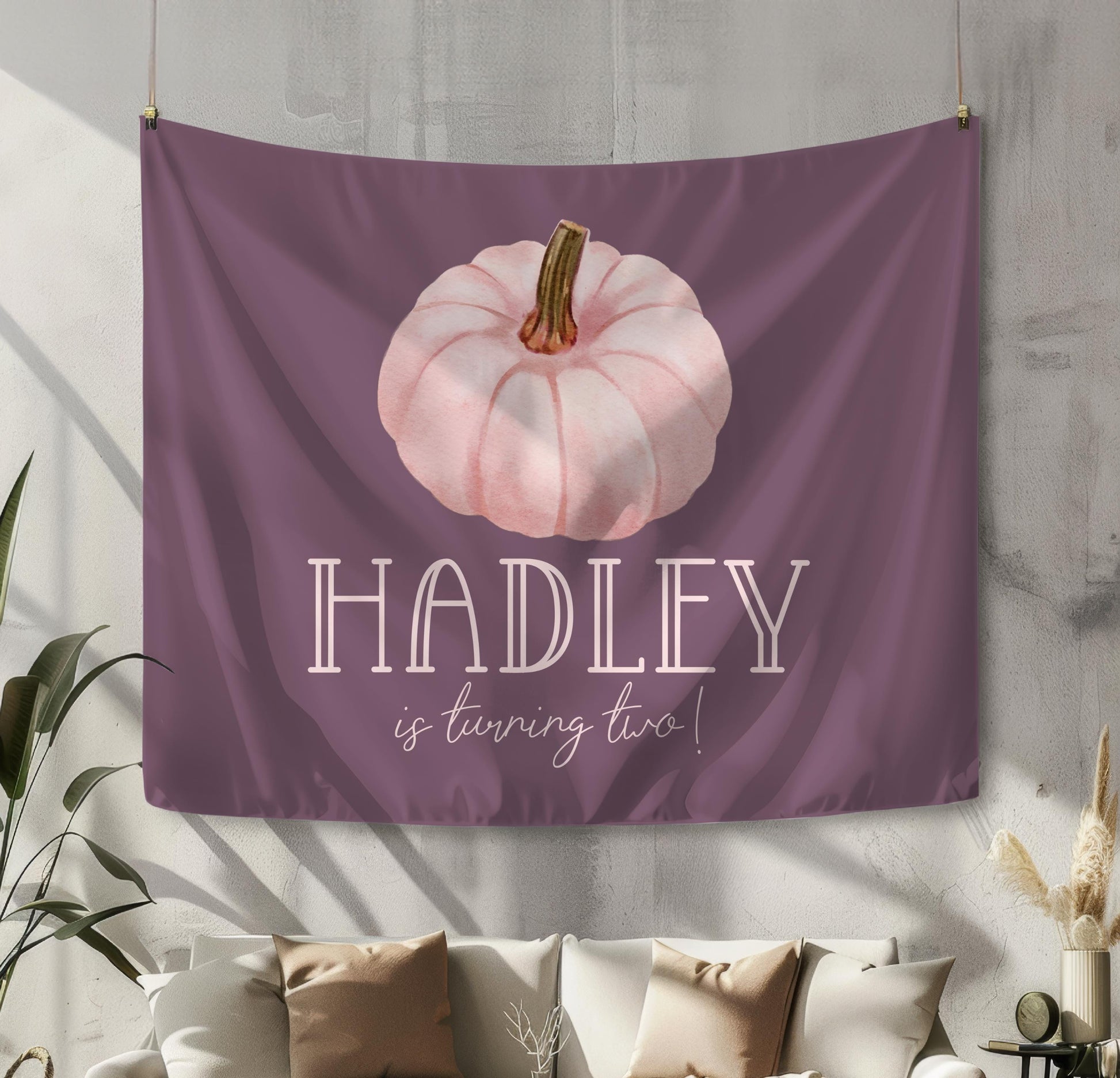 Pink Pumpkin MAUVE Backdrop, Pink Purple Pumpkin Birthday Party Decor - Girl Fall Birthday, Large Banner Tapestry - FREE US Shipping