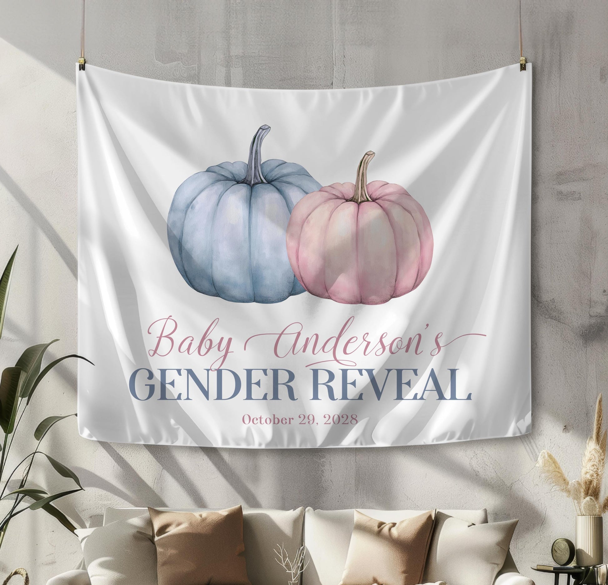 Pumpkin Gender Reveal Backdrop, Fall Autumn Baby Shower Photo Booth Decor, Pink Blue Little Pumpkin Banner - FREE US SHIPPING