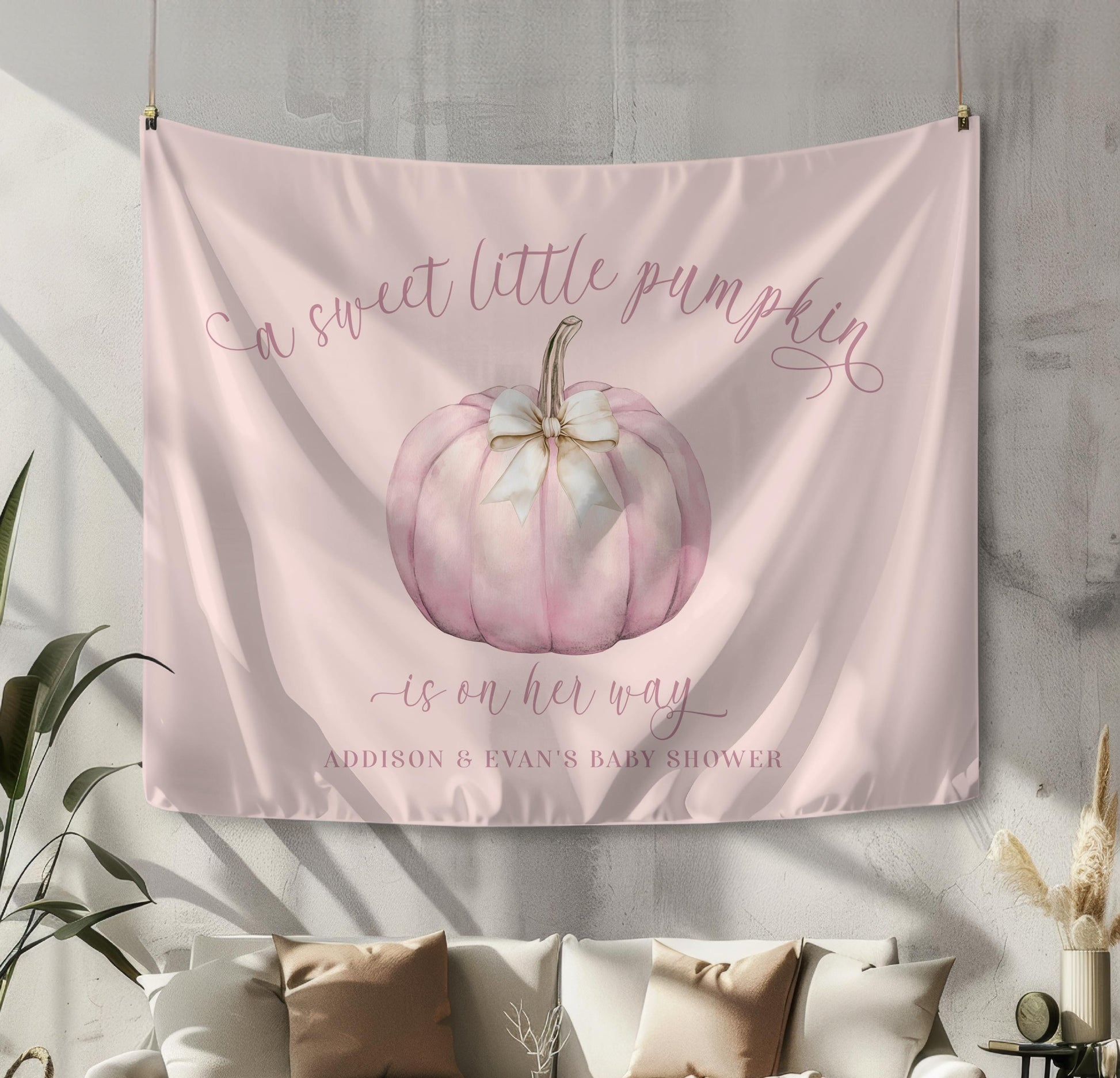 Dusty Rose Blush Pink Pumpkin Fabric Backdrop with Beige Bow: A Sweet Little Pumpkin Is On Her Way Baby Shower Decor - FREE US SHIPPING