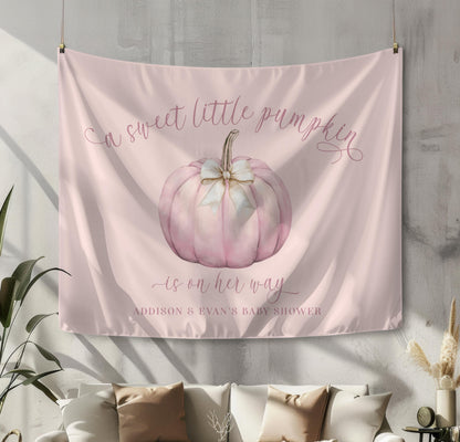 Dusty Rose Blush Pink Pumpkin Fabric Backdrop with Beige Bow: A Sweet Little Pumpkin Is On Her Way Baby Shower Decor - FREE US SHIPPING