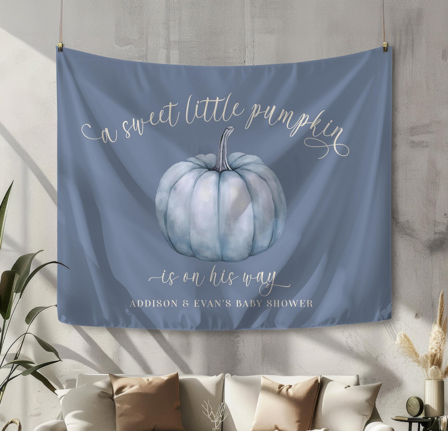 Dusty Blue Pumpkin Fabric Backdrop - A Sweet Little Pumpkin Is On His Way Personalized Baby Shower Decor