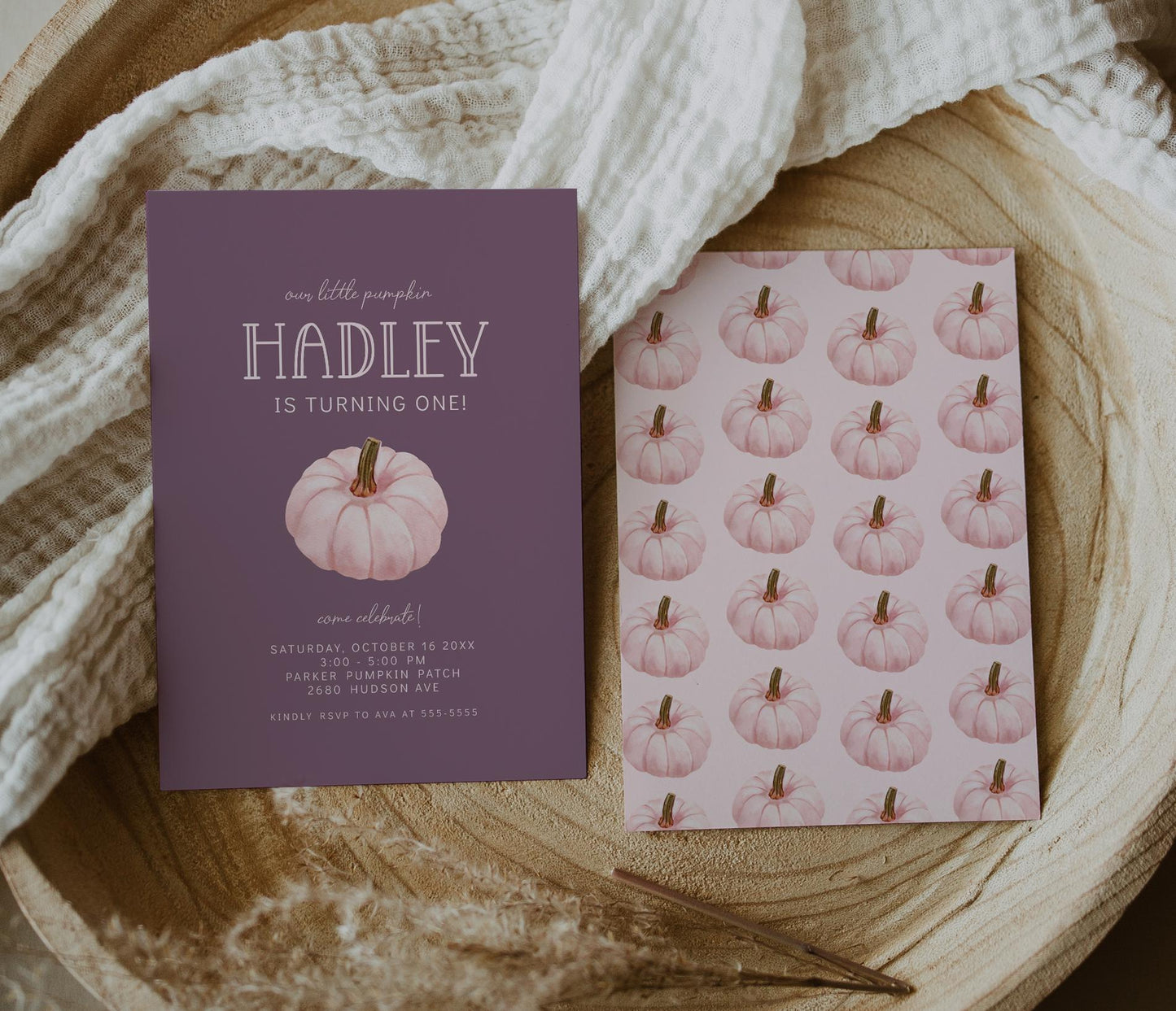 Pink Pumpkin MAUVE Backdrop, Pink Purple Pumpkin Birthday Party Decor - Girl Fall Birthday, Large Banner Tapestry - FREE US Shipping