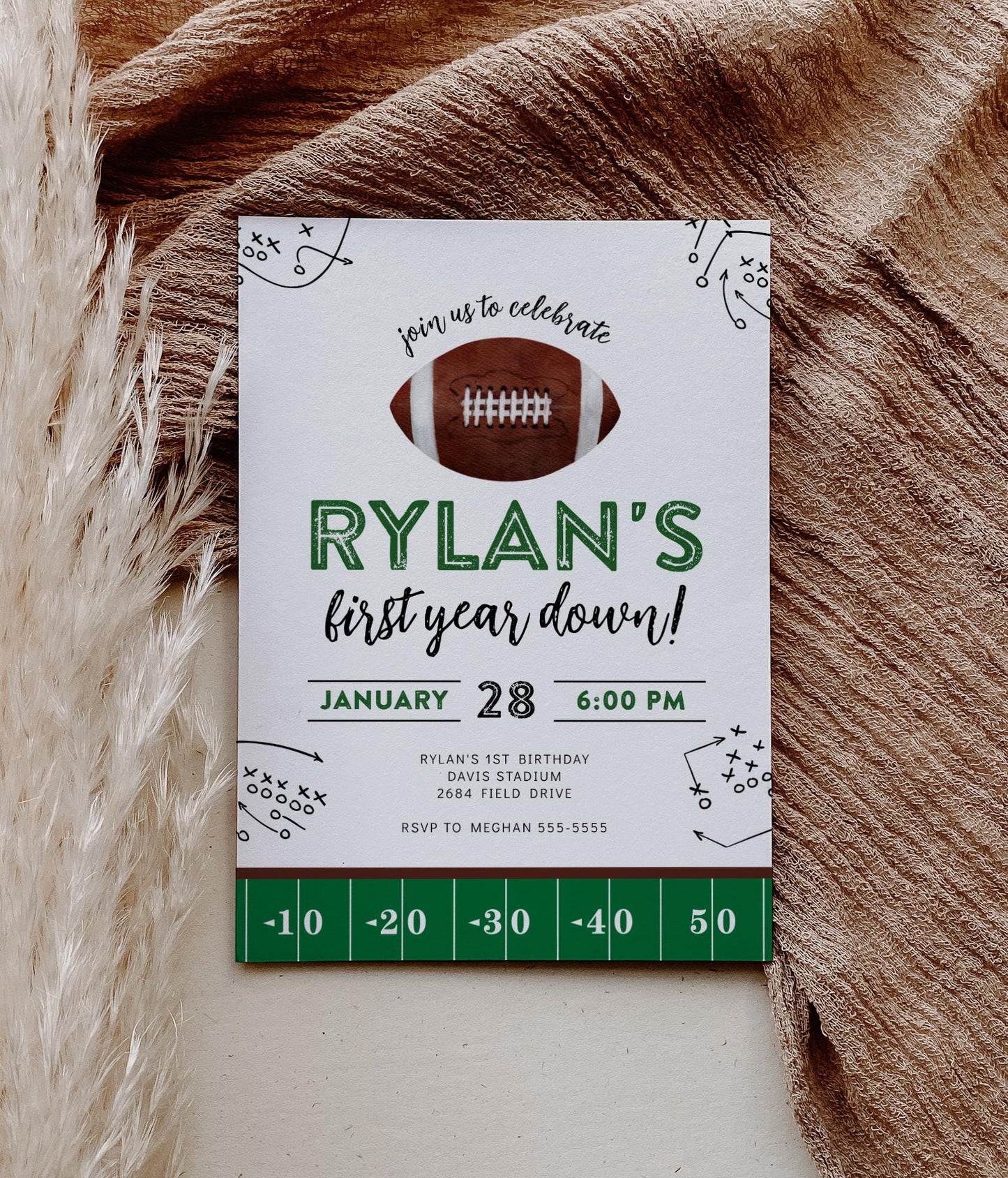 First Year Down Birthday Party Invite - 1st Birthday Invitation, Football Digital Invite, Boy First Birthday Party, Editable Corjl Template