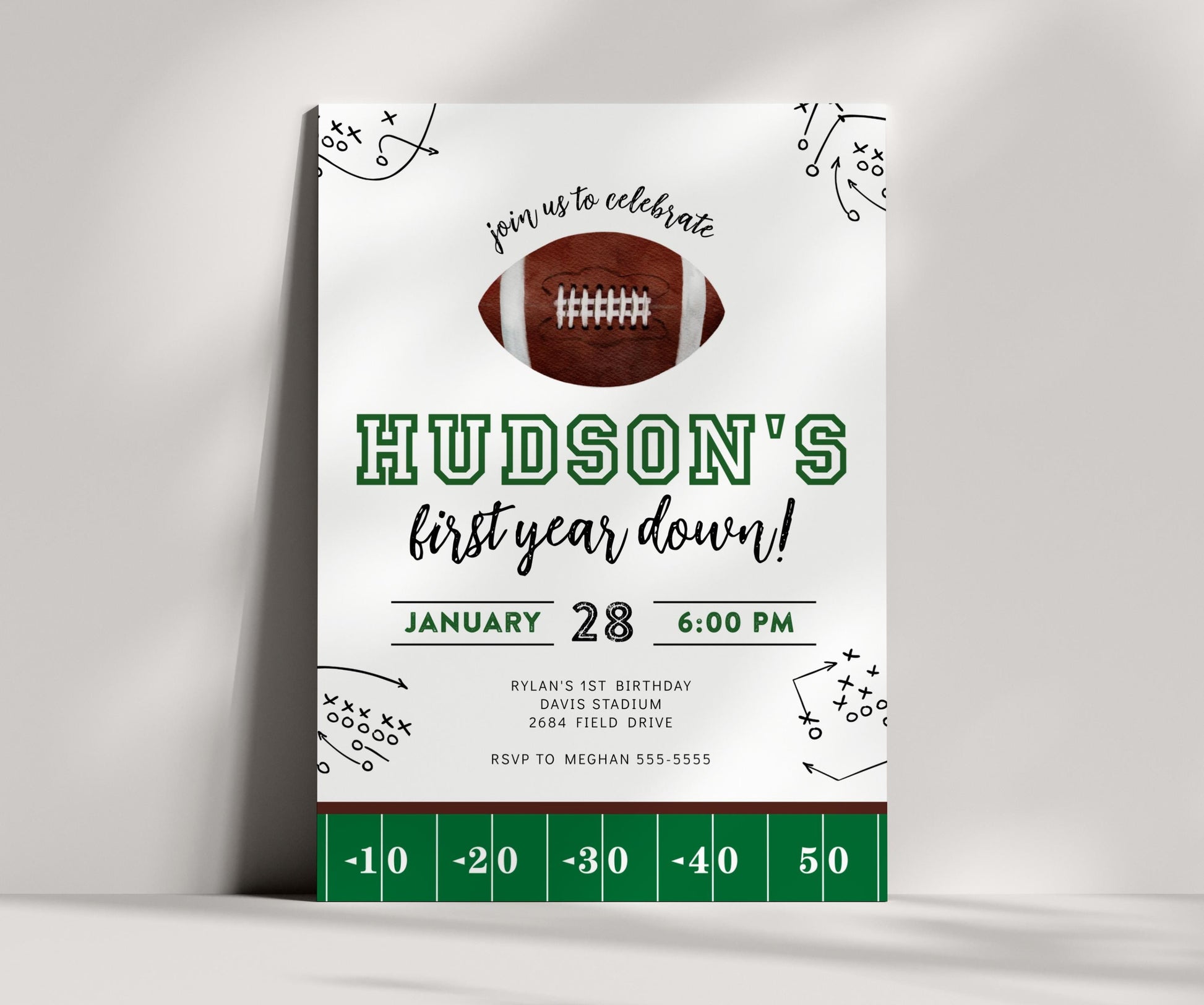 First Year Down Birthday Party Invite - 1st Birthday Invitation, Football Digital Invite, Boy Sports Birthday Party, Editable Corjl Template