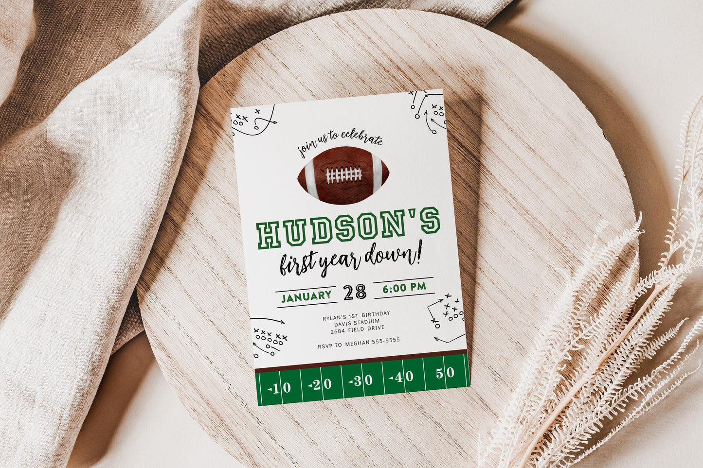 First Year Down Birthday Party Invite - 1st Birthday Invitation, Football Digital Invite, Boy Sports Birthday Party, Editable Corjl Template