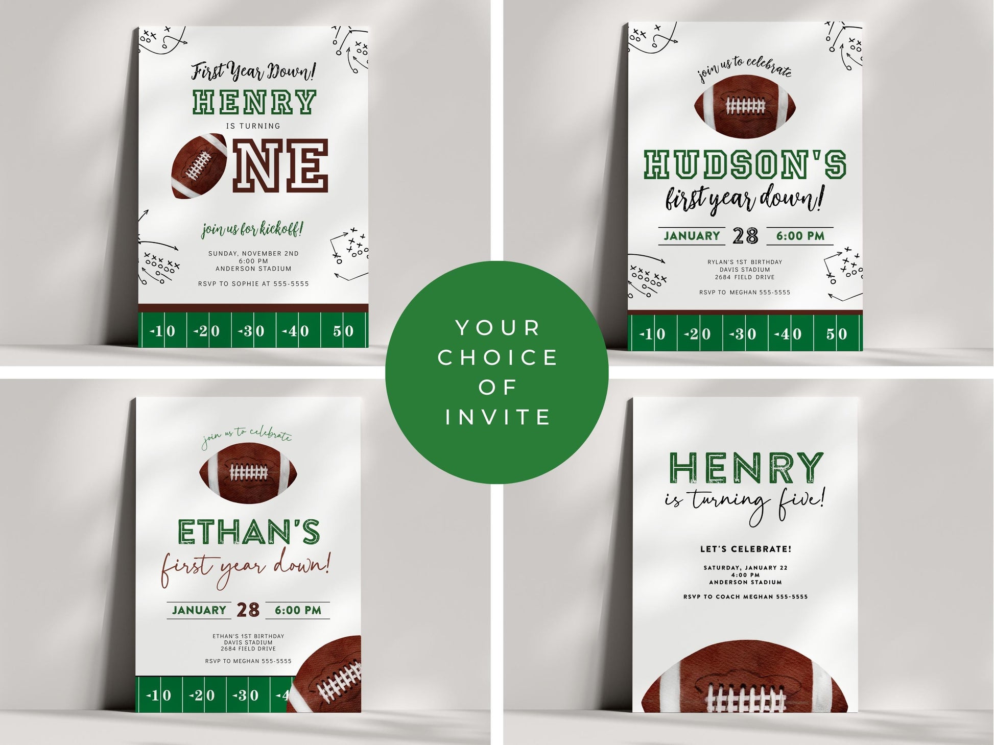 First Year Down BUNDLE - Football 1st Birthday Party Decor Package, First Down Invitation, Signs, Time Capsule, Favors, Printable Editable