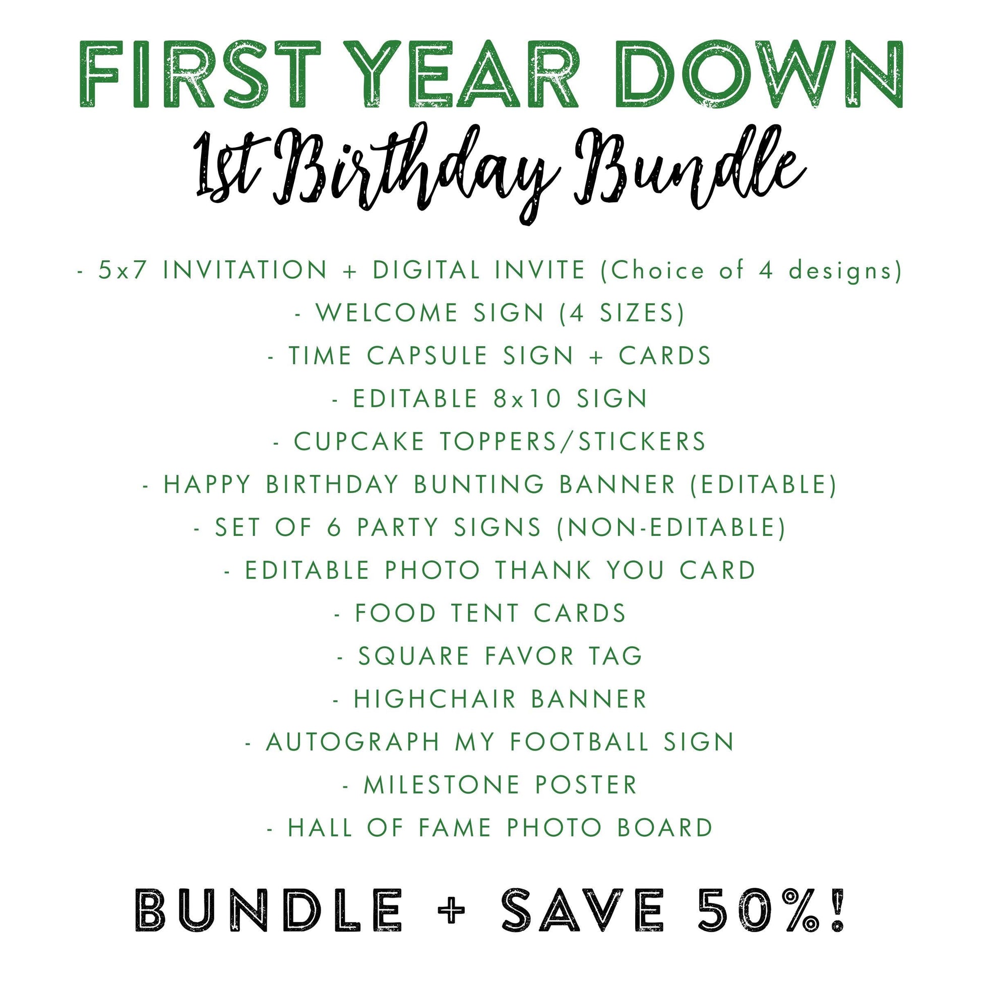 First Year Down BUNDLE - Football 1st Birthday Party Decor Package, First Down Invitation, Signs, Time Capsule, Favors, Printable Editable