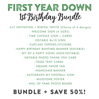 First Year Down BUNDLE - Football 1st Birthday Party Decor Package, First Down Invitation, Signs, Time Capsule, Favors, Printable Editable