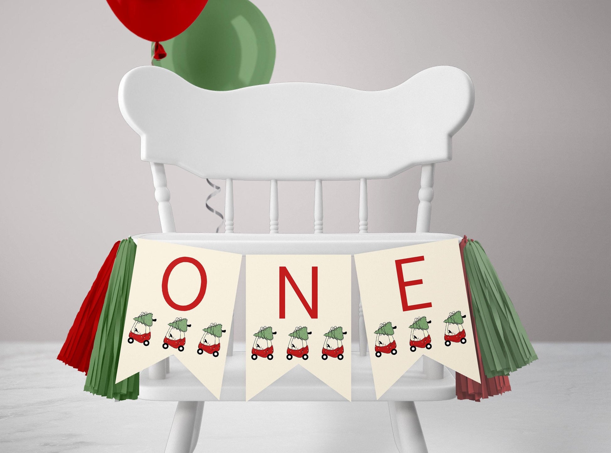 Christmas Toy Car Backdrop - Oh What Fun 1st Birthday Party Decoration - Christmas Tree Banner