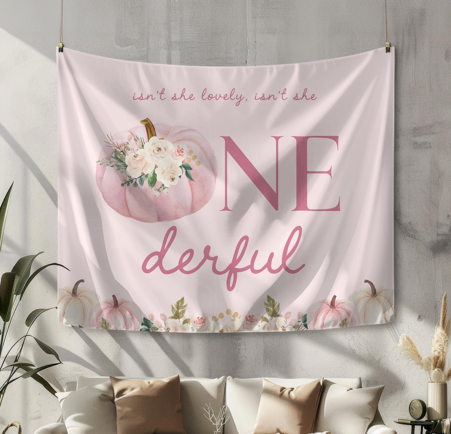 Boho Floral Pumpkin First Birthday Backdrop, Isn’t She Lovely Isn’t She ONEderful, Fall Boho Aesthetic Party Decoration