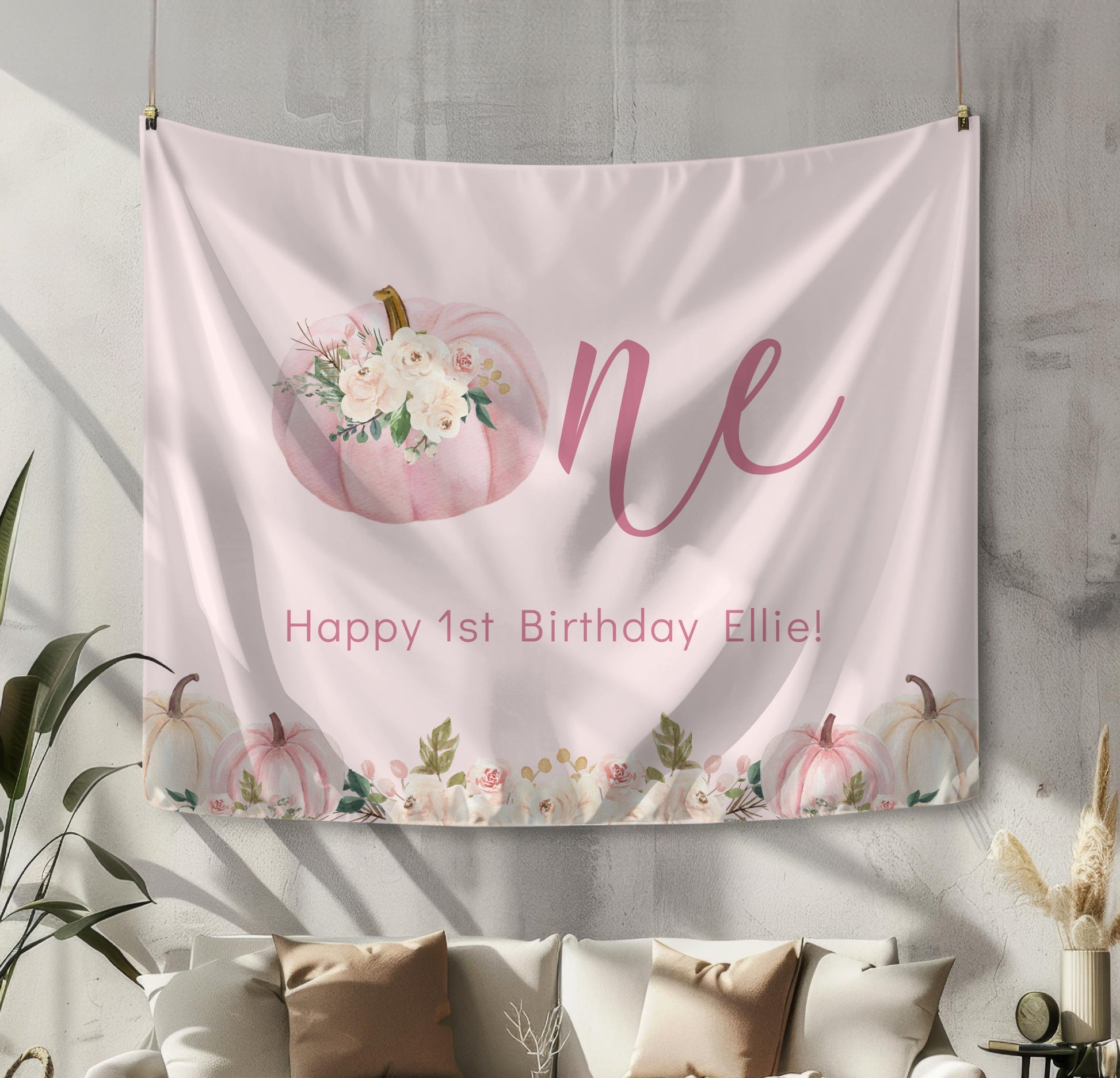 Boho Pumpkin ONE Backdrop | Personalized Happy 1st Birthday Backdrop with Name | Fall Boho Aesthetic Party Decoration