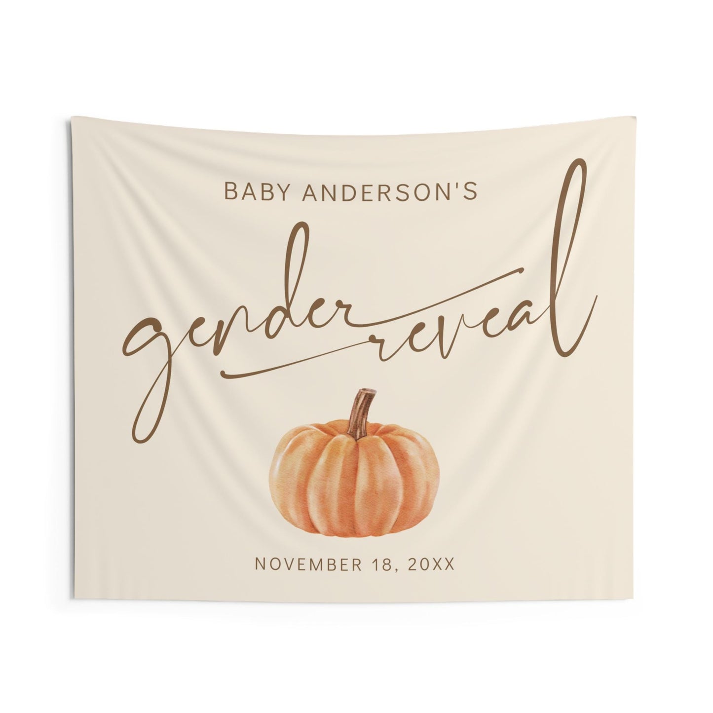 Pumpkin Gender Reveal Backdrop, Fall Baby Shower Banner, Personalized Decor, Minimalist Neutral on the Way Backdrop, FREE US Shipping