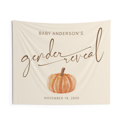 Pumpkin Gender Reveal Backdrop, Fall Baby Shower Banner, Personalized Decor, Minimalist Neutral on the Way Backdrop, FREE US Shipping