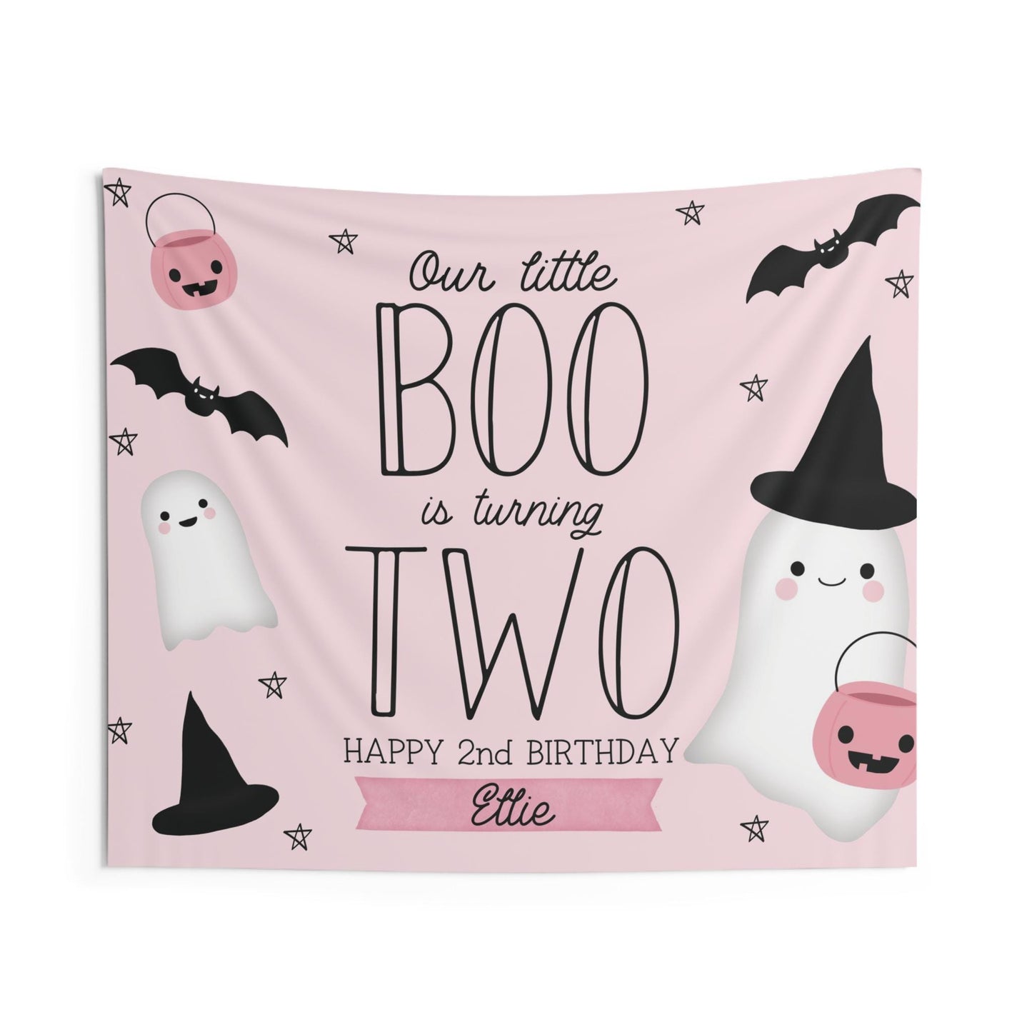Our Little Boo is Two Backdrop, Pink and Black 2nd Birthday Banner, Girl Halloween Decor, Ghost Witch Second Birthday, FREE US Shipping