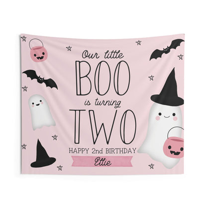 Our Little Boo is Two Backdrop, Pink and Black 2nd Birthday Banner, Girl Halloween Decor, Ghost Witch Second Birthday, FREE US Shipping
