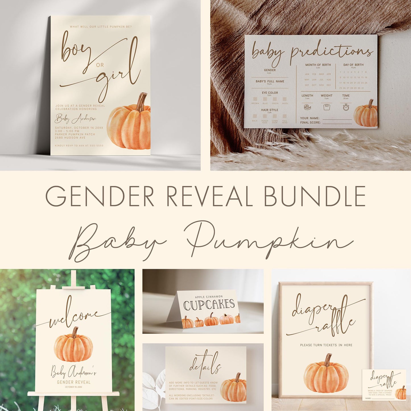 Pumpkin Gender Reveal Backdrop, Fall Baby Shower Banner, Personalized Decor, Minimalist Neutral on the Way Backdrop, FREE US Shipping