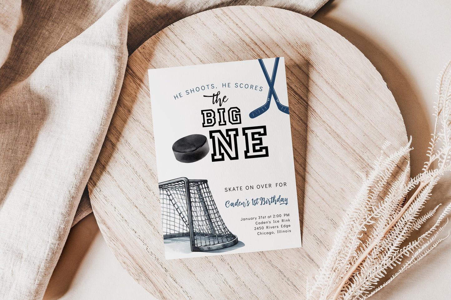 Hockey 1st Birthday Invitation - He Shoots He Scores The Big ONE, Editable Invite Template