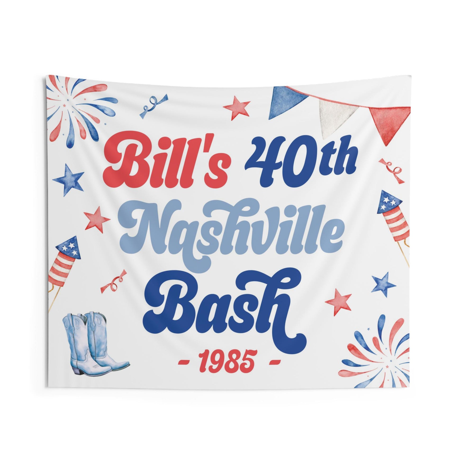 Nashville Bash Backdrop, 40th Red White Blue Birthday Party Banner, Patriotic Country Western Party Decoration, July 4th Fireworks Backdrop
