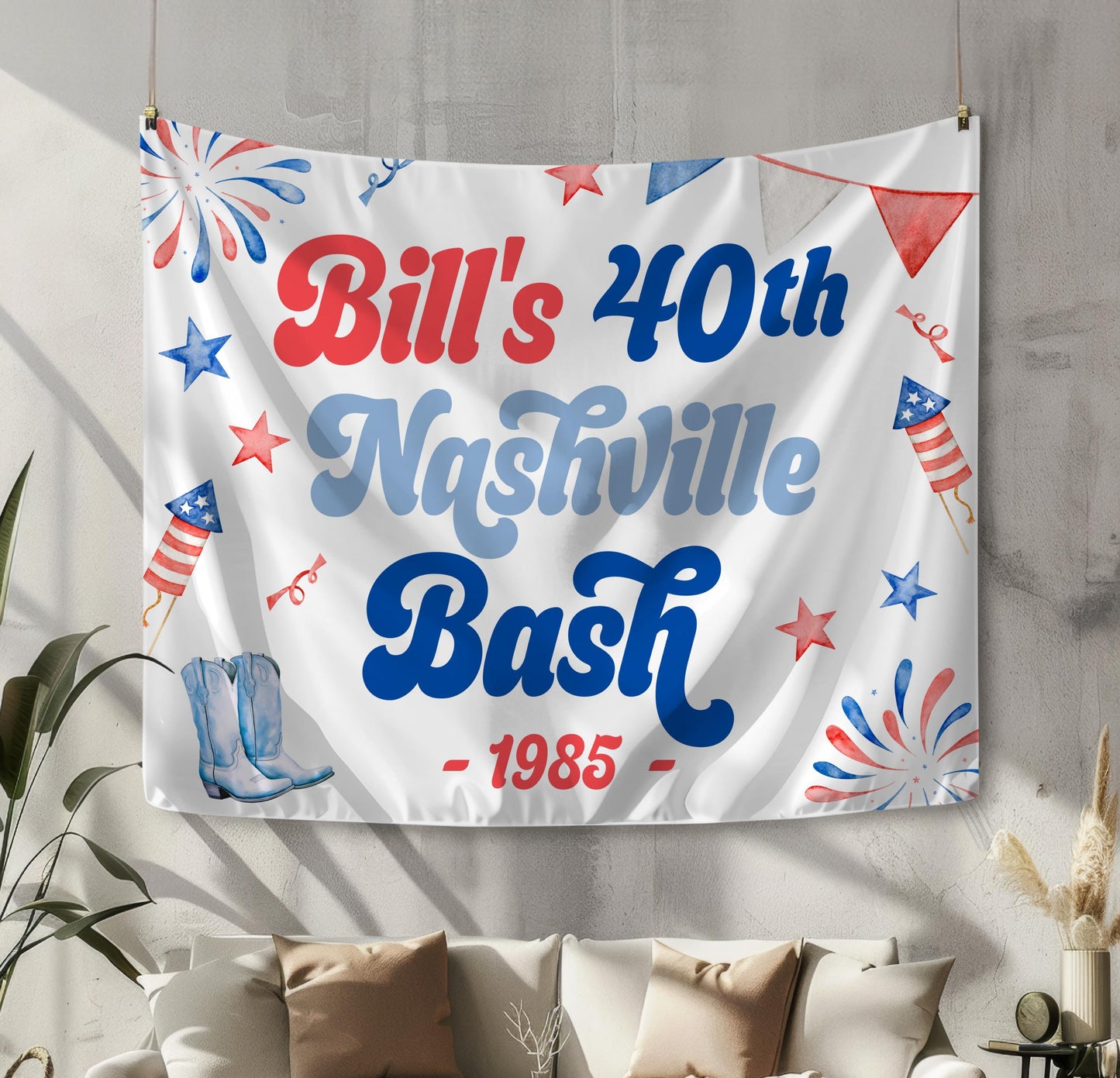 Nashville Bash Backdrop, 40th Red White Blue Birthday Party Banner, Patriotic Country Western Party Decoration, July 4th Fireworks Backdrop