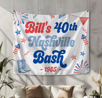 Nashville Bash Backdrop, 40th Red White Blue Birthday Party Banner, Patriotic Country Western Party Decoration, July 4th Fireworks Backdrop